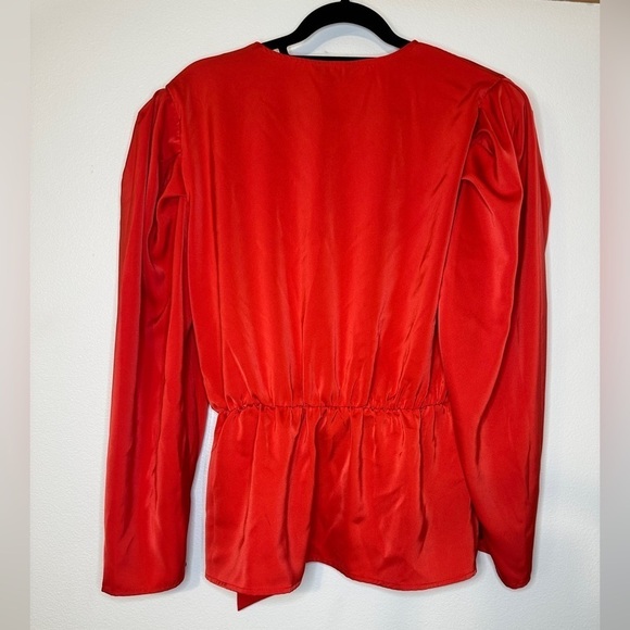 Adiva Women’s Plus Size 1X Red Faux Wrap Tie Waist Puff Sleeve V-Neck Sateen - Picture 2 of 5